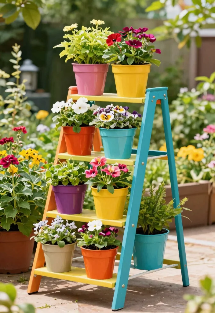 11 Best Ladder Plant Stand Ideas for a Vertical Garden 9. Colorful Multi Tiered Stands 0