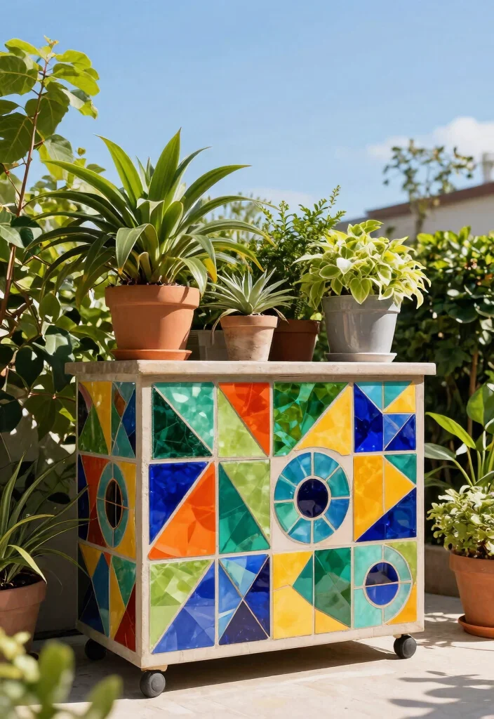 5 Beautiful Mosaic Plant Stand Ideas for Small Spaces 1. Geometric Mosaic Plant Stand 0