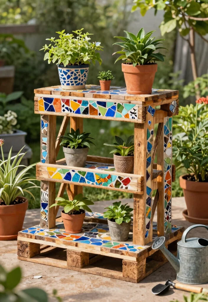 5 Beautiful Mosaic Plant Stand Ideas for Small Spaces 3. DIY Mosaic Plant Stand from Pallets 0