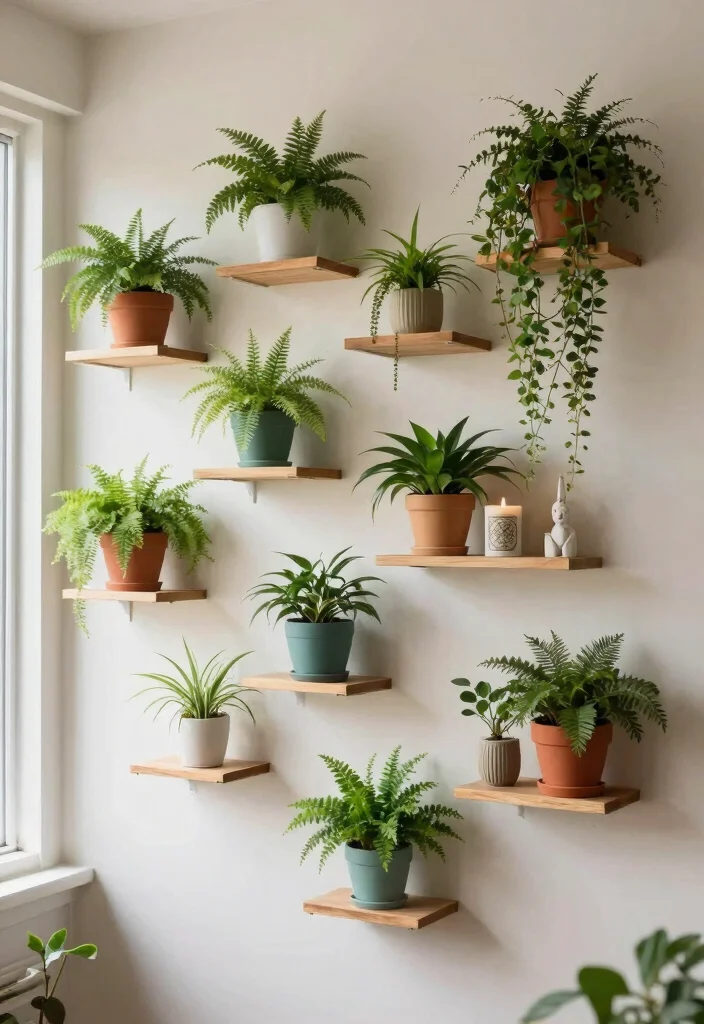 10 Best Plant Stand Display Concepts for a Greenhouse Look 2. Wall Mounted Shelves for a Floating Garden 0