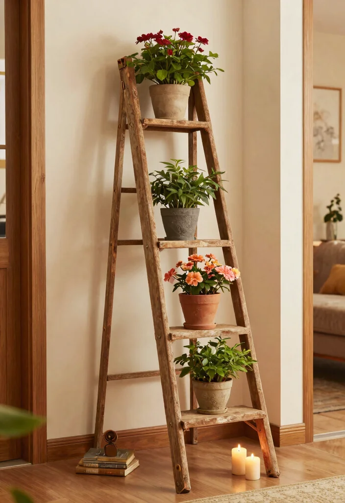 10 Best Plant Stand Display Concepts for a Greenhouse Look 3. Vintage Ladder Plant Stand 0