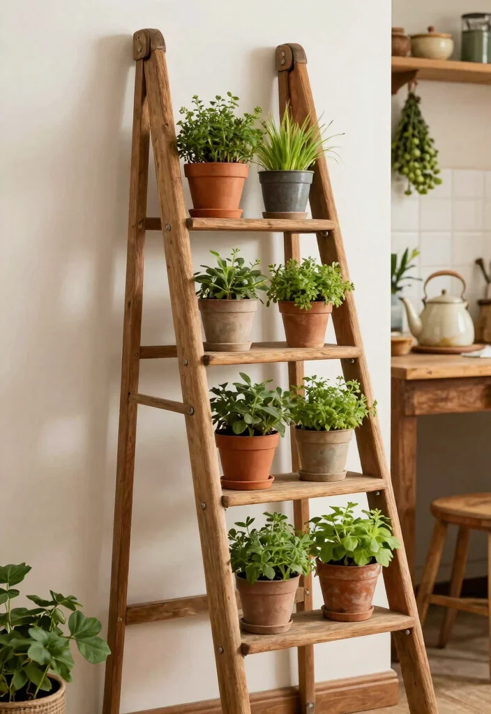 10 Charming Vintage Plant Stand Ideas Antique Flair 1. Repurposed Ladder Stand 0