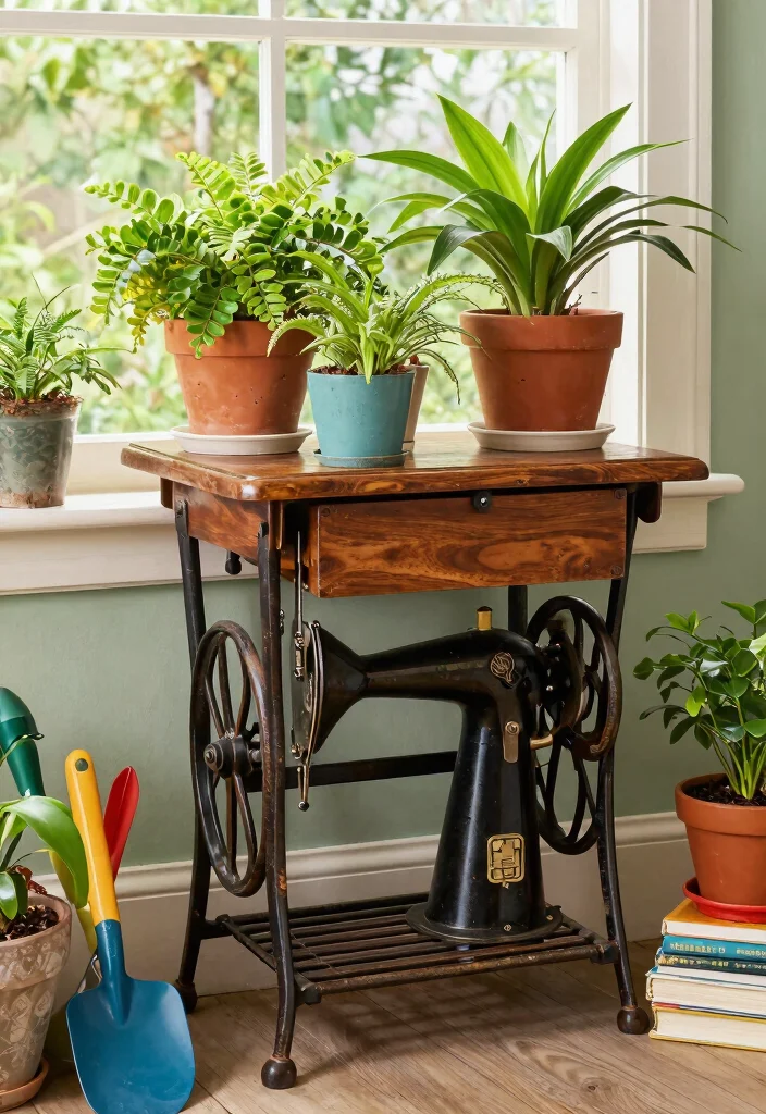 10 Charming Vintage Plant Stand Ideas Antique Flair 8. Antique Sewing Machine Stand 0