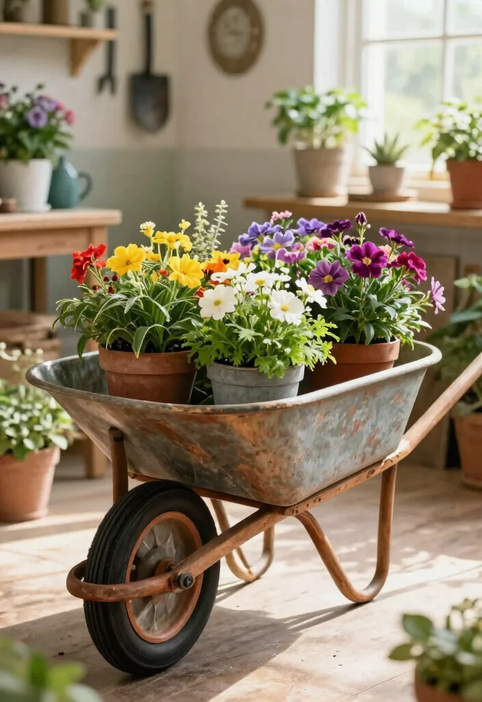 10 Charming Vintage Plant Stand Ideas Antique Flair 9. Rustic Wheelbarrow Display 0