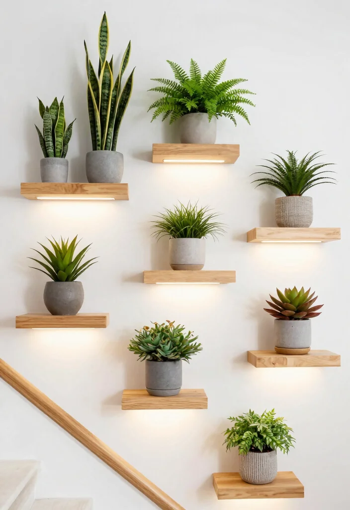 10 Creative Staircase Plant Stand Ideas for Decor 1. Floating Shelves for a Modern Touch 0