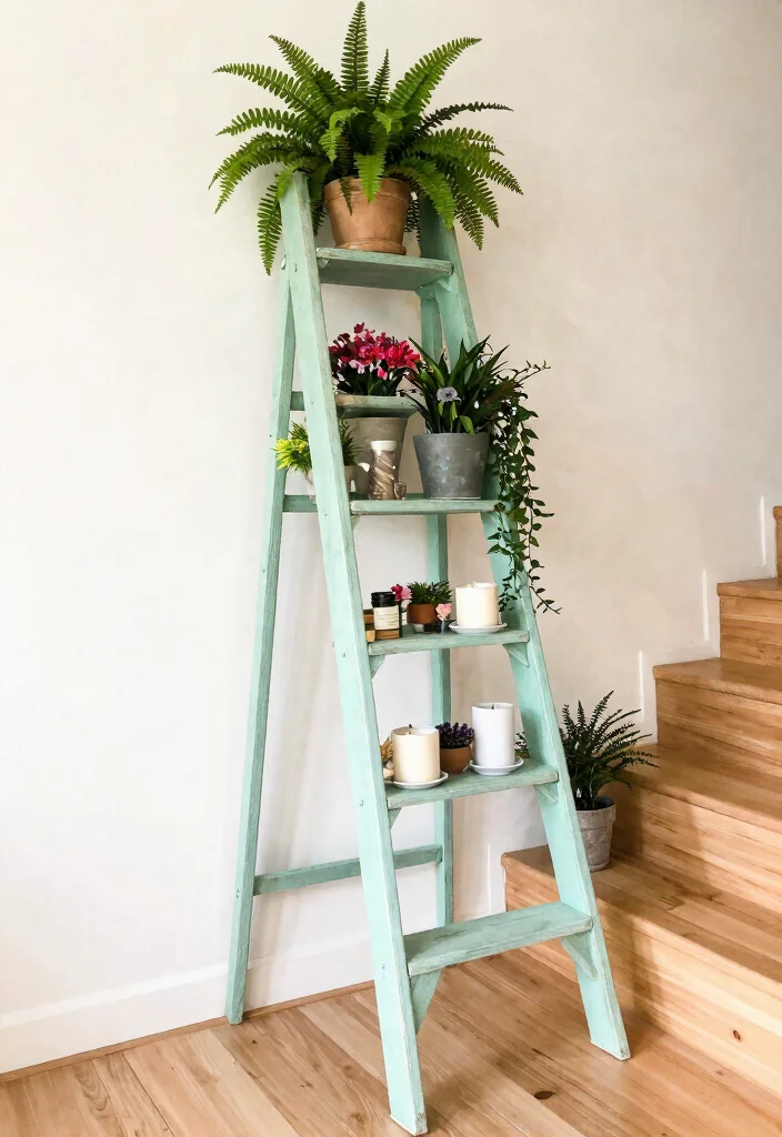 10 Creative Staircase Plant Stand Ideas for Decor 2. DIY Ladder Plant Stand for Rustic Charm 0