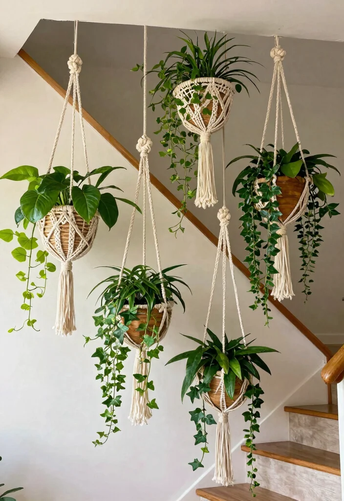 10 Creative Staircase Plant Stand Ideas for Decor 8. Hanging Planters for a Boho Flair 0