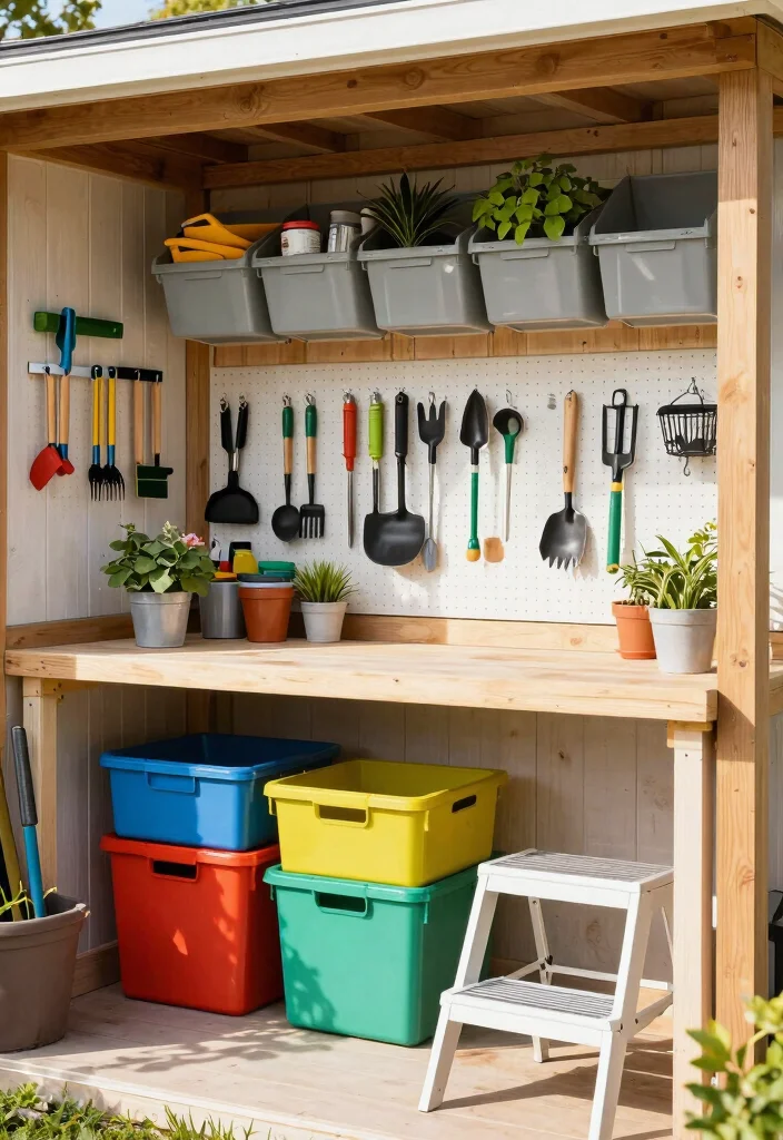 10 Durable Garden Shed Shelving Ideas for Maximum Storage 2. Overhead Storage Bins 0