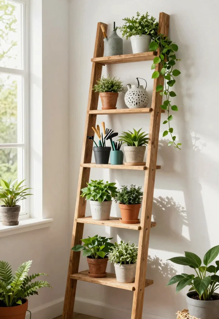 10 Durable Garden Shed Shelving Ideas for Maximum Storage 3. Vertical Ladder Shelf 0