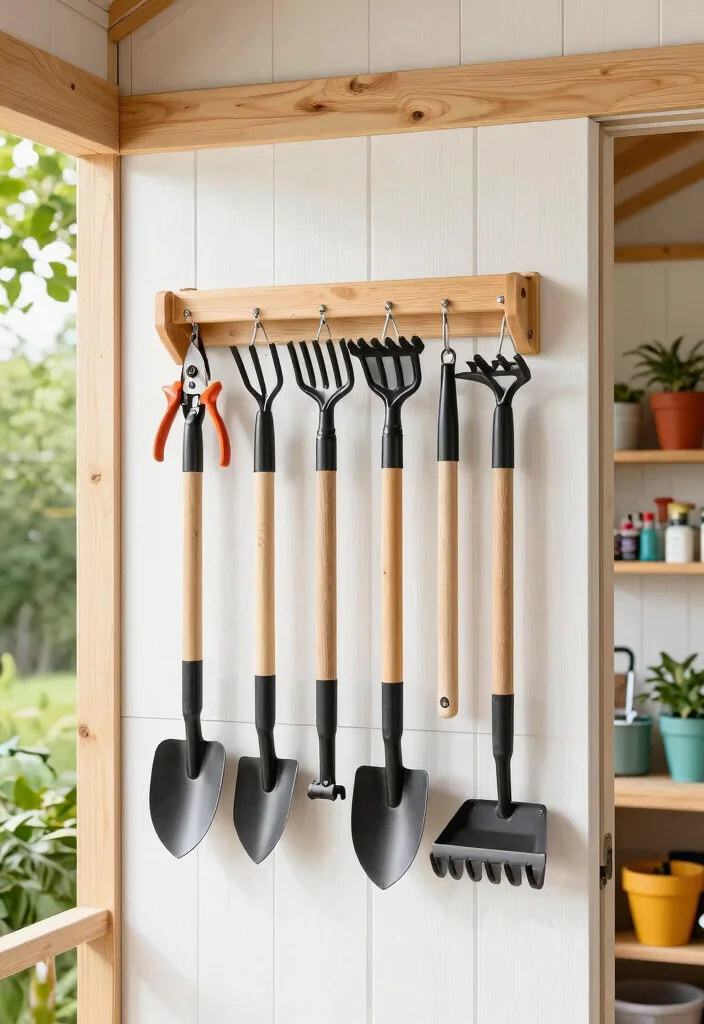 10 Durable Garden Shed Shelving Ideas for Maximum Storage 5. Hanging Garden Tool Rack 0