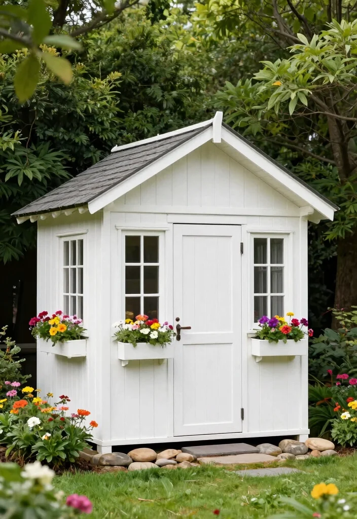 10 Elegant White Garden Shed Ideas for a Clean Look 1. Classic White Wooden Shed with Gable Roof 0