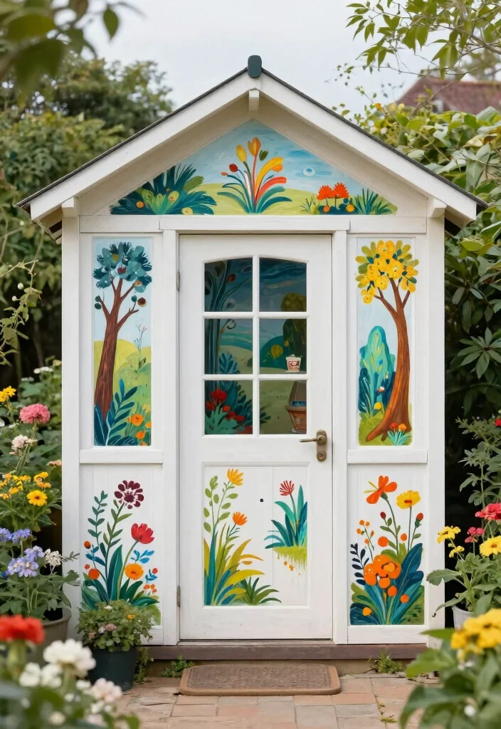 10 Elegant White Garden Shed Ideas for a Clean Look 10. White Shed with Artistic Murals 0