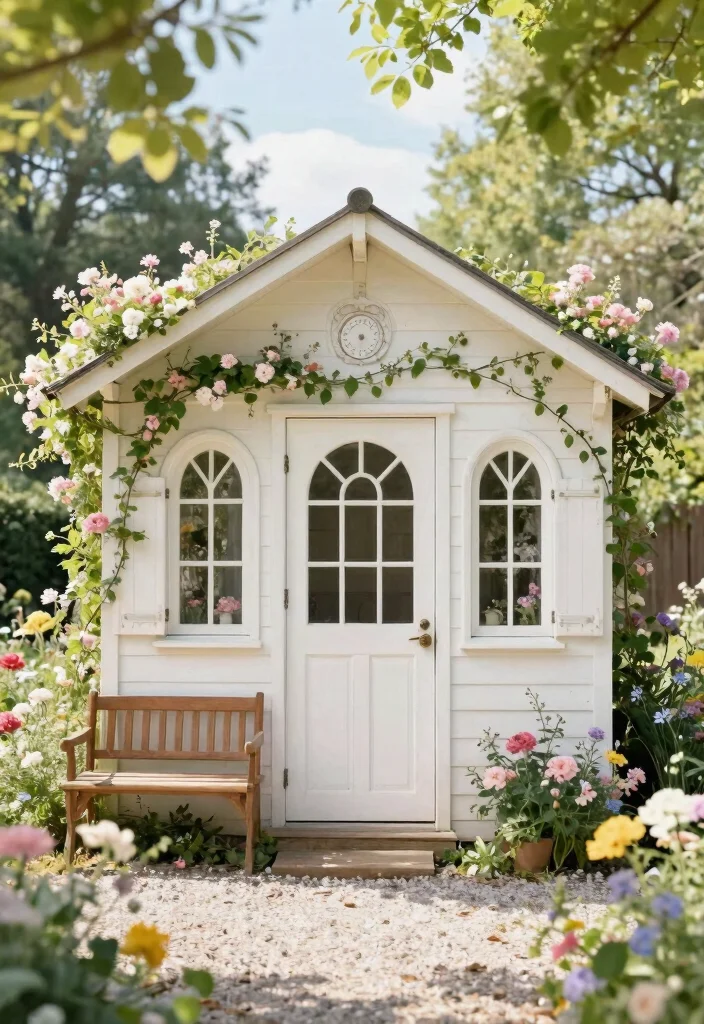 10 Elegant White Garden Shed Ideas for a Clean Look 3. Vintage White Cottage Shed 0
