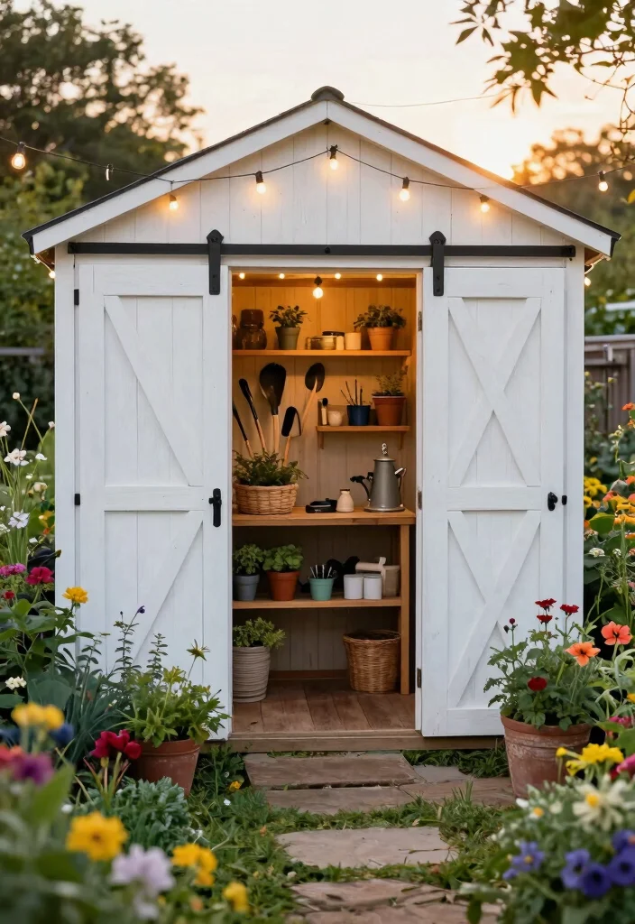 10 Elegant White Garden Shed Ideas for a Clean Look 5. Rustic Chic White Shed with Barn Doors 0