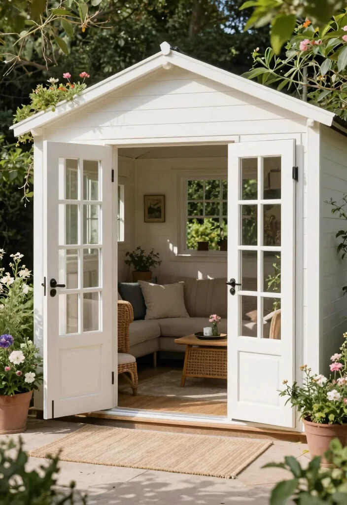 10 Elegant White Garden Shed Ideas for a Clean Look 6. Elegant White Shed with French Doors 0