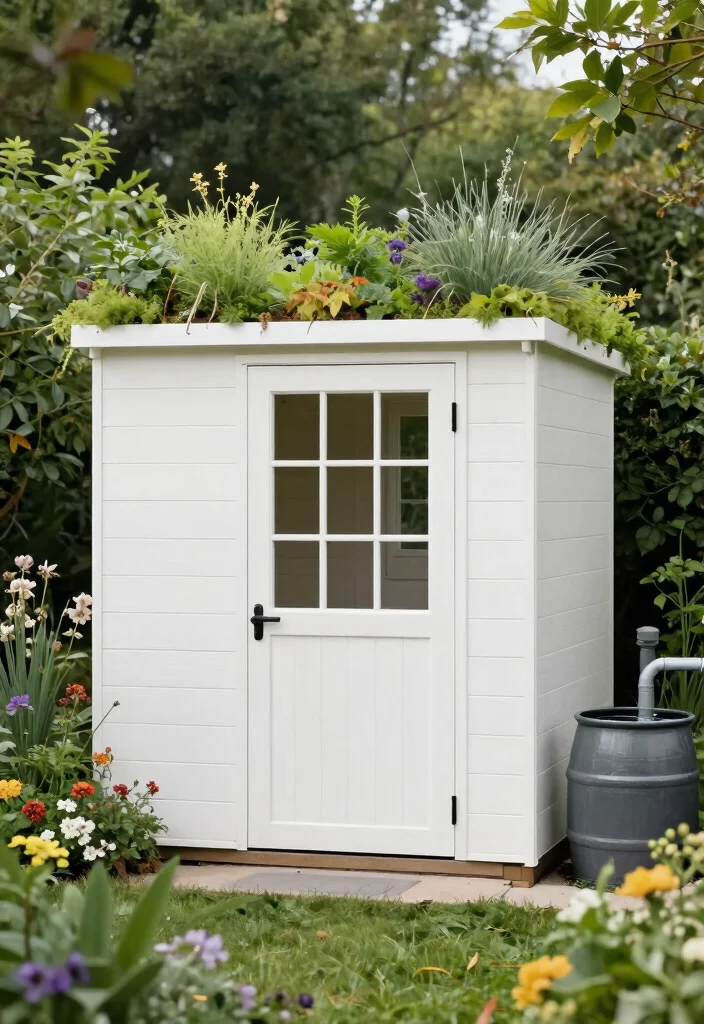 10 Elegant White Garden Shed Ideas for a Clean Look 7. Sustainable White Shed with Green Roof 0