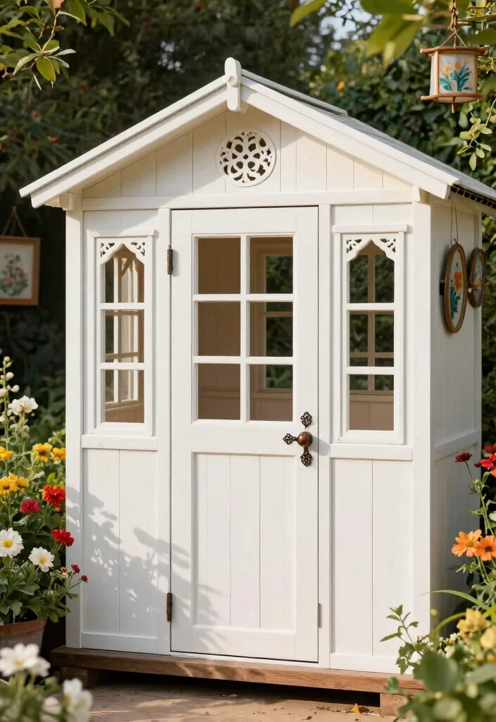 10 Elegant White Garden Shed Ideas for a Clean Look 8. Artisanal White Shed with Handcrafted Details 0