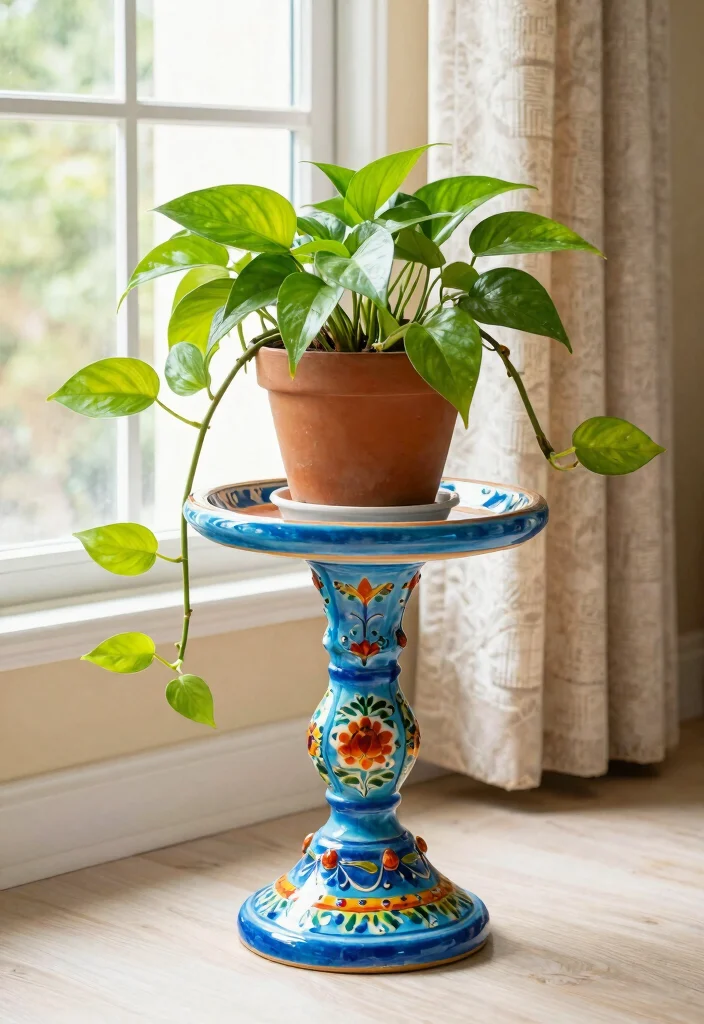 10 Grand Pedestal Plant Stand Ideas for Focal Points 5. Colorful Ceramic Pedestal Stand 0