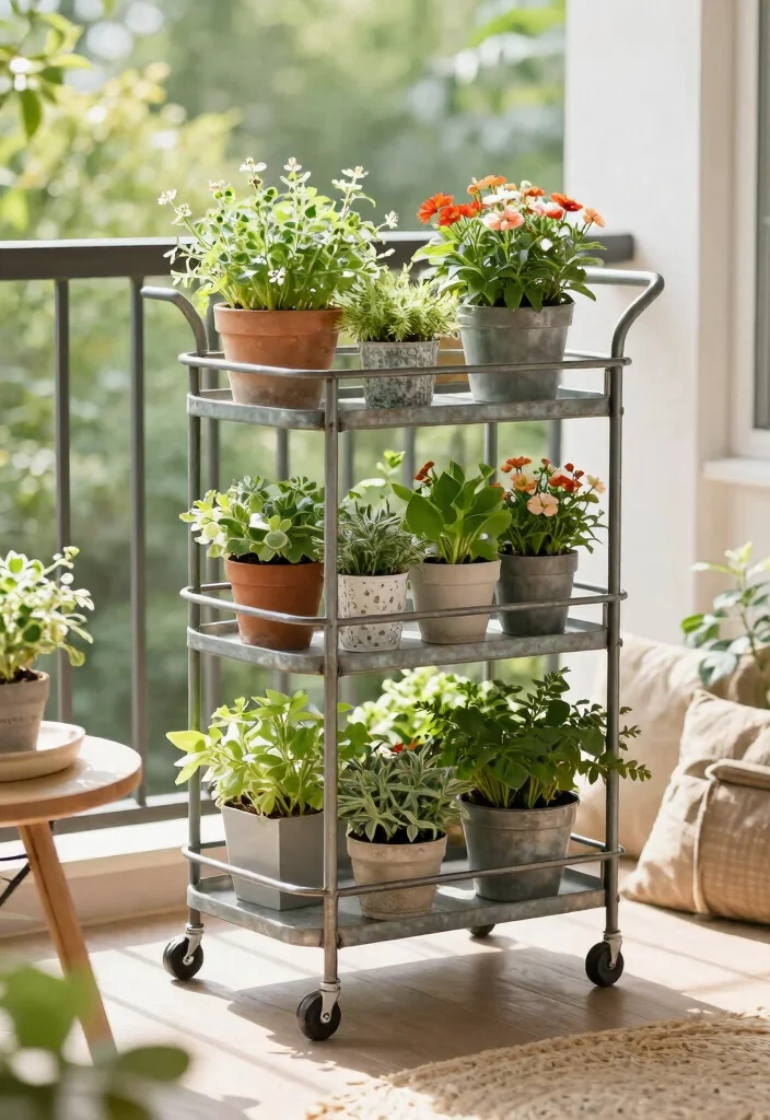 10 Modern Balcony Plant Stand Ideas for Small Apartments 10. Multi Tiered Rolling Carts for Mobility 0