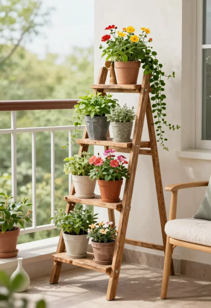 10 Modern Balcony Plant Stand Ideas for Small Apartments 5. Ladder Plant Stands for a Rustic Touch 0