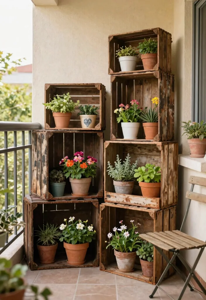 10 Modern Balcony Plant Stand Ideas for Small Apartments 7. Vintage Crates for Unique Plant Displays 0
