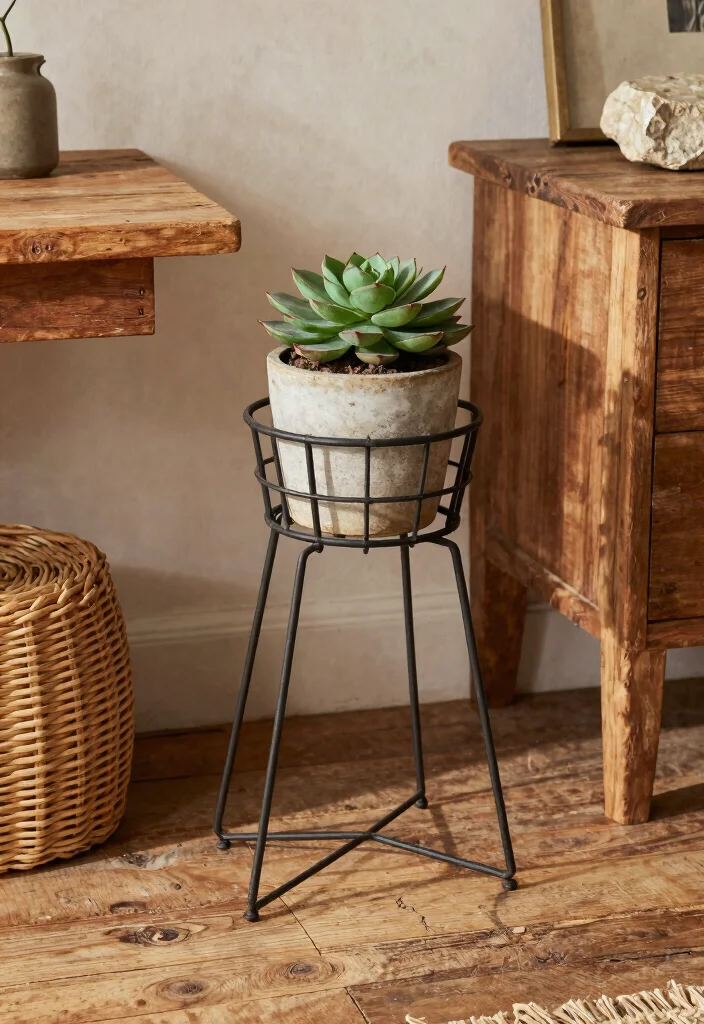 10 Modern Wire Plant Stand Ideas for Minimalist Homes 5. Rustic Meets Modern 0