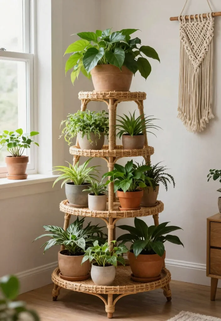 10 Natural Wicker Plant Stand Ideas for a Boho Vibe 2. Multi Tiered Plant Stand 0