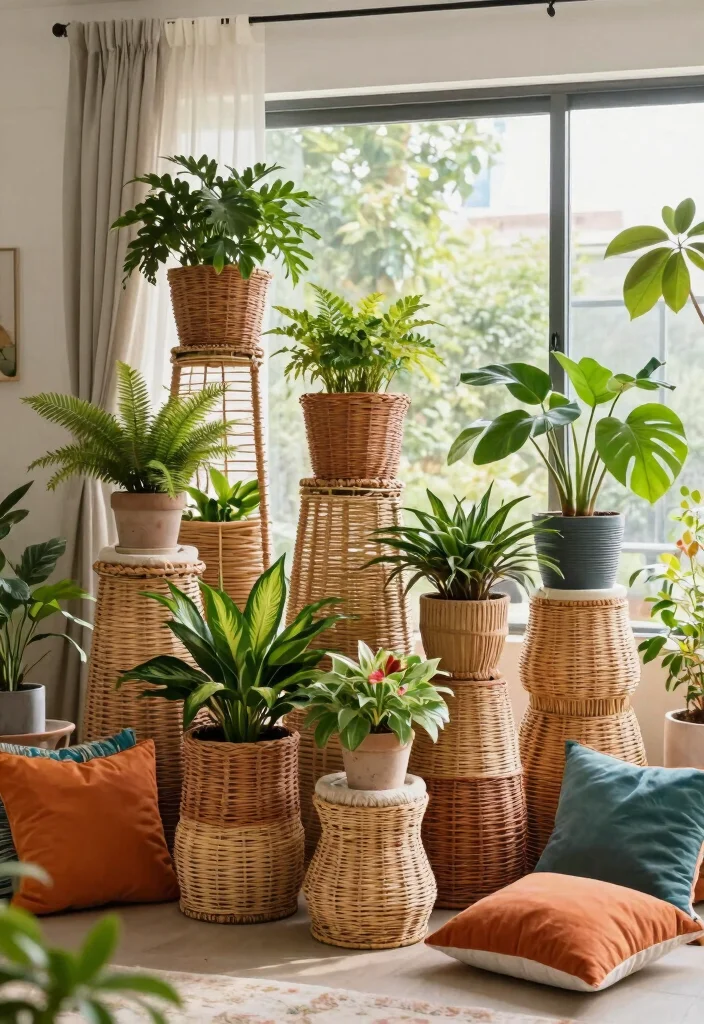 10 Natural Wicker Plant Stand Ideas for a Boho Vibe 6. Eclectic Stacking Stands 0