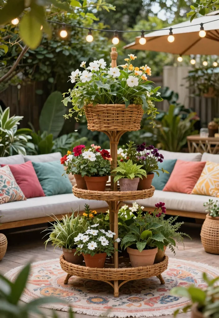 10 Natural Wicker Plant Stand Ideas for a Boho Vibe 8. Vibrant Outdoor Wicker Display 0