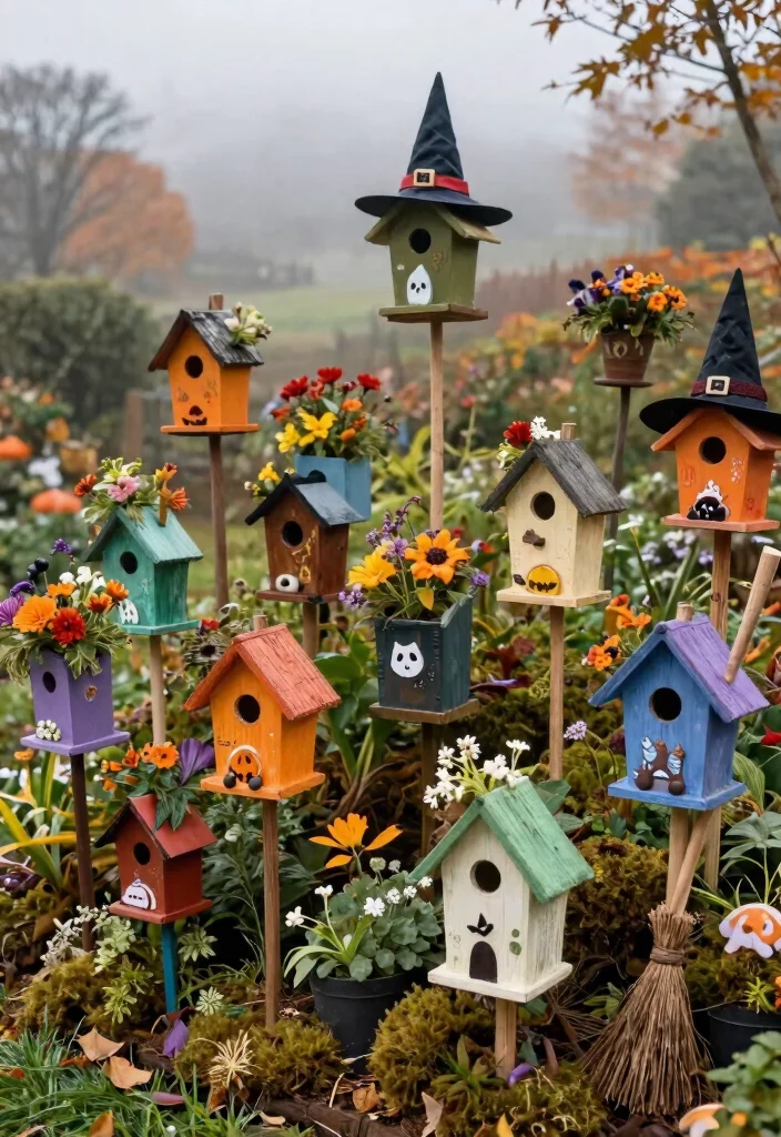 10 Spooky Outdoor Halloween Planter Ideas for Your Entrance 10. Bewitched Birdhouse Planters 0