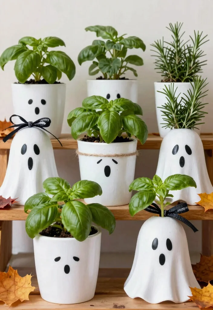 10 Spooky Outdoor Halloween Planter Ideas for Your Entrance 3. Ghostly Herb Pots 0