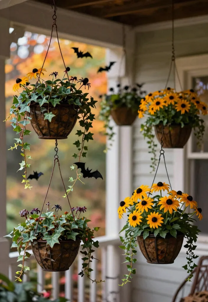 10 Spooky Outdoor Halloween Planter Ideas for Your Entrance 5. Haunted Hanging Baskets 0