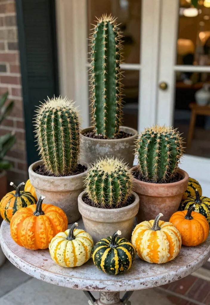 10 Spooky Outdoor Halloween Planter Ideas for Your Entrance 8. Chilling Cacti and Gourds 0
