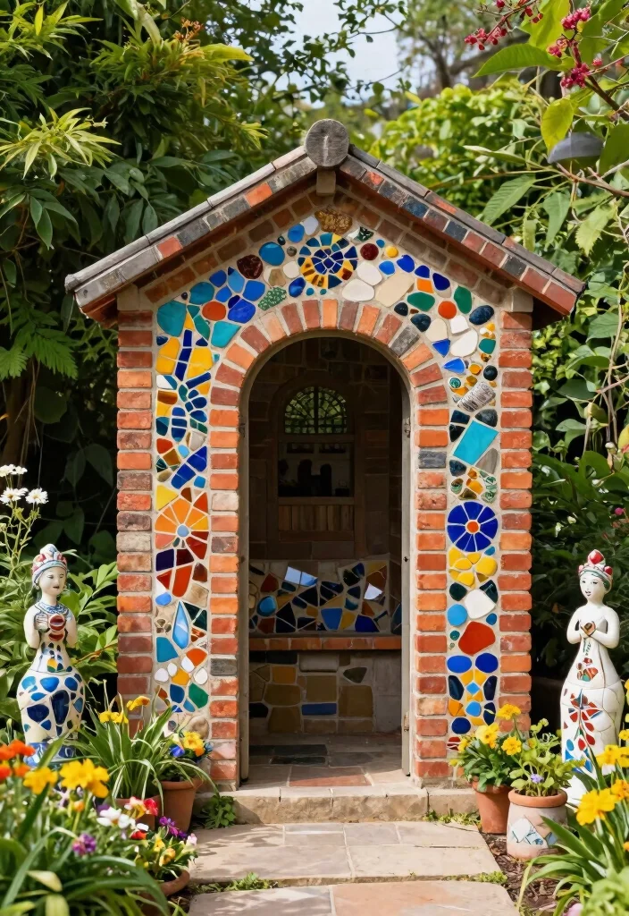10 Sturdy Brick Garden Shed Ideas That Last a Lifetime 6. Artistic Mosaic Brick Shed 0