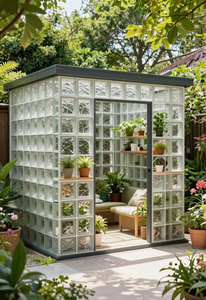 10 Sturdy Brick Garden Shed Ideas That Last a Lifetime 7. Contemporary Glass Brick Shed 0