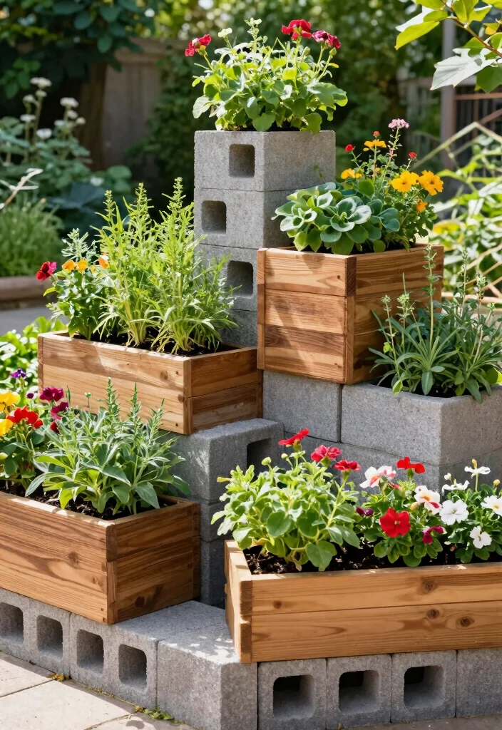 10 Warm Wood Planter Ideas for Outdoor Natural Aesthetic 10. Eco Friendly Cinder Block and Wood Combo 0