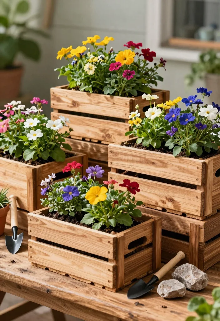 10 Warm Wood Planter Ideas for Outdoor Natural Aesthetic 3. Wooden Crates as Planters 0