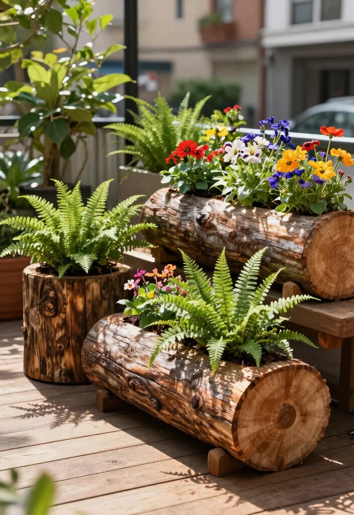 10 Warm Wood Planter Ideas for Outdoor Natural Aesthetic 5. Rustic Log Planters 0