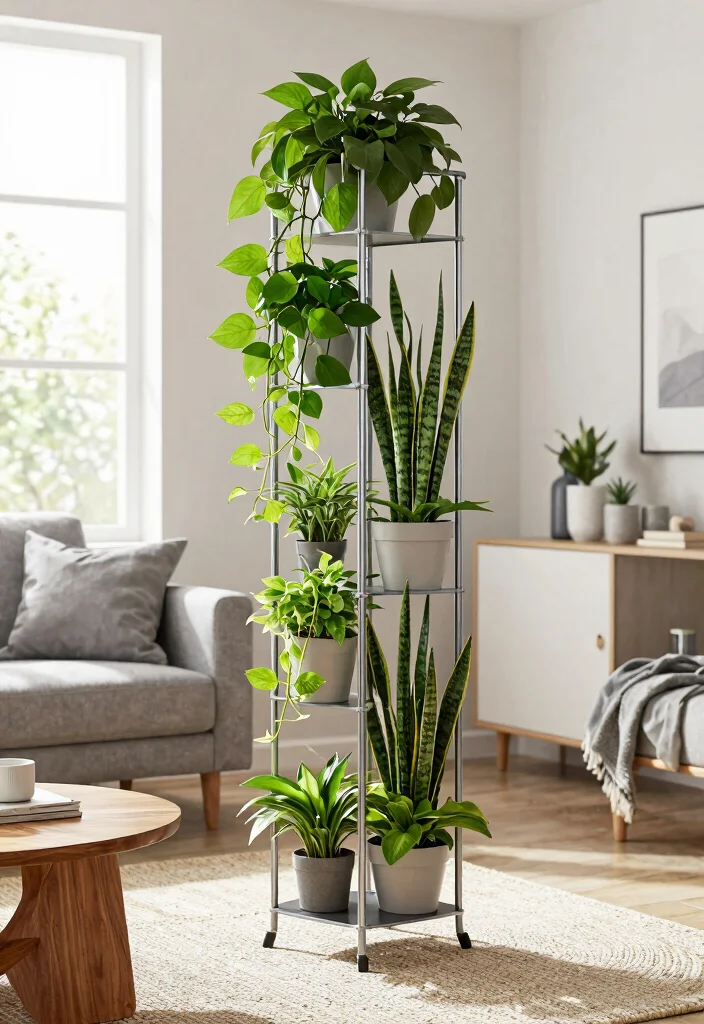 11 Best Living Room Plant Stand Ideas for Every Interior 1. Vertical Plant Stand for Compact Spaces 0