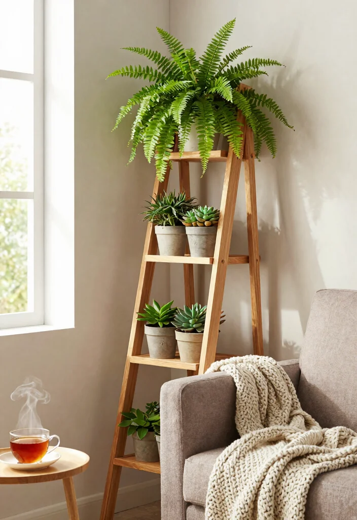 11 Best Living Room Plant Stand Ideas for Every Interior 2. Stylish Ladder Plant Stand 0