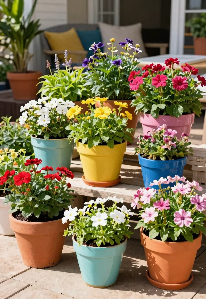 11 Best Outdoor Deck Planter Ideas for Summer Vibes 10. Colorful Pot Collection for an Eclectic Feel 0