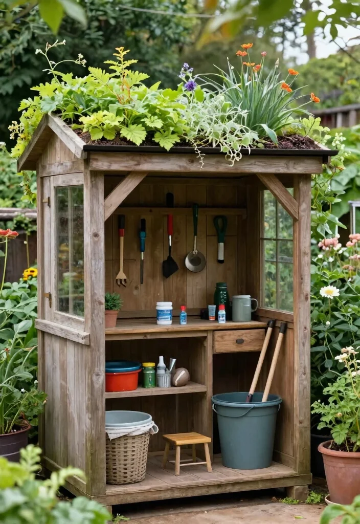 11 Charming Vintage Garden Shed Ideas with Antique Decor 10. Vintage Inspired Garden Shed with a Green Roof 0