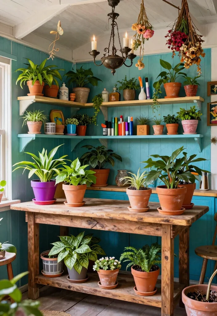 11 Charming Vintage Garden Shed Ideas with Antique Decor 3. Artistic Potting Shed with Personality 0
