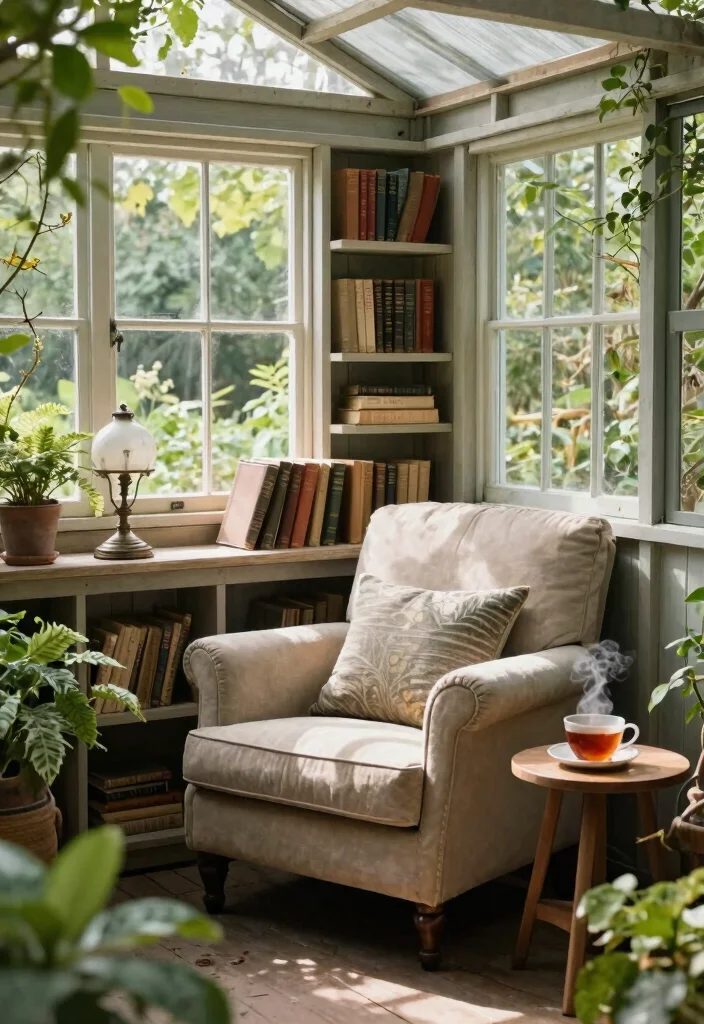 11 Charming Vintage Garden Shed Ideas with Antique Decor 4. Cozy Reading Nook in the Shed 0