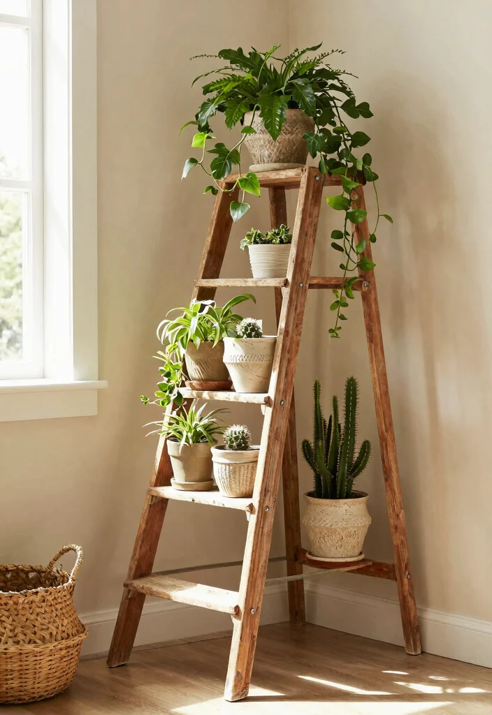 11 Chic Boho Plant Stand Ideas for a Relaxed Home Style 1. Vintage Ladder Plant Stand 0