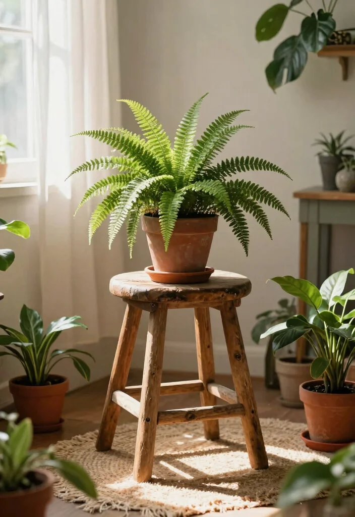 11 Chic Boho Plant Stand Ideas for a Relaxed Home Style 5. Rustic Stool Plant Stand 0