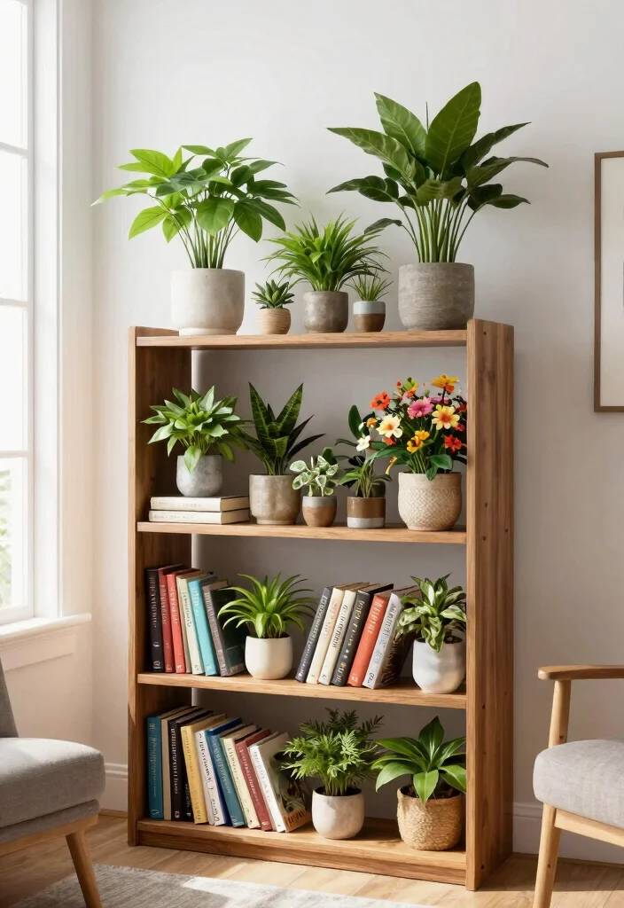11 Chic Boho Plant Stand Ideas for a Relaxed Home Style 6. Tiered Bookcase Plant Display 0
