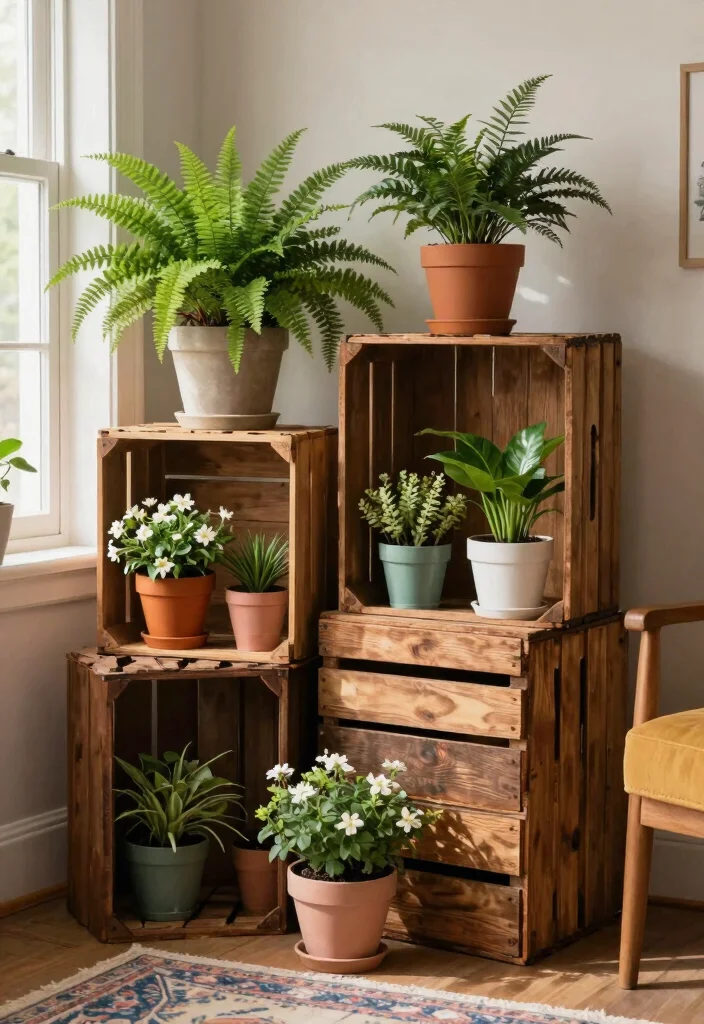 11 Chic Boho Plant Stand Ideas for a Relaxed Home Style 7. Repurposed Vintage Crates 0