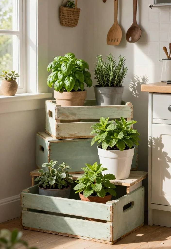 11 Cozy Farmhouse Plant Stand Ideas for Your Home 2. Vintage Crate Display 0