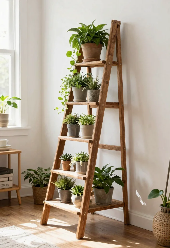 11 Cozy Farmhouse Plant Stand Ideas for Your Home 6. Ladder Plant Stand 0